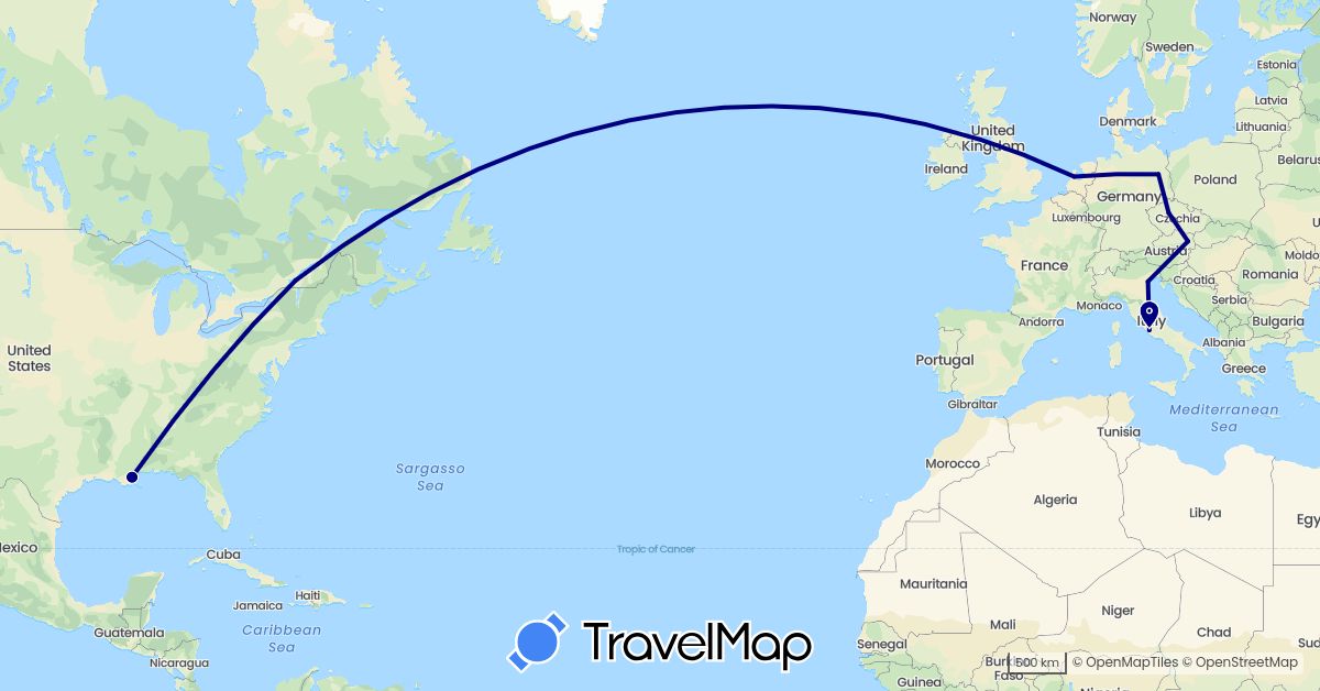 TravelMap itinerary: driving in Austria, Canada, Czech Republic, Germany, Italy, Netherlands, United States (Europe, North America)